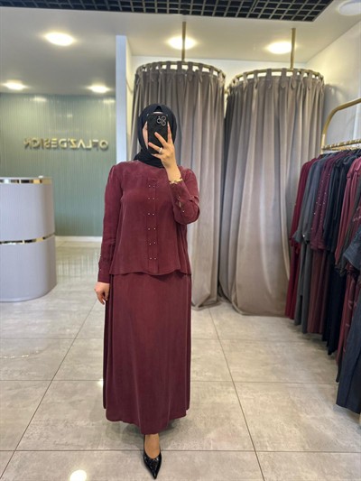 Defrina Metal Aksesuarlı İpek Qupra Takım Bordo 61121