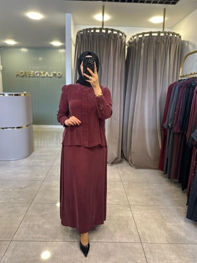 Defrina Metal Aksesuarlı İpek Qupra Takım Bordo 61121