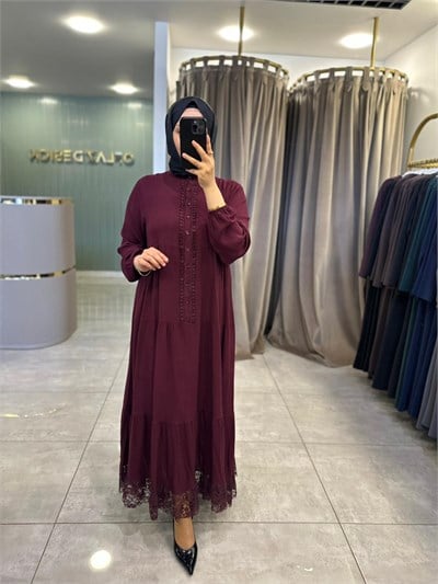 Efraze Dantel Detaylı Viscon Elbise Bordo 4423