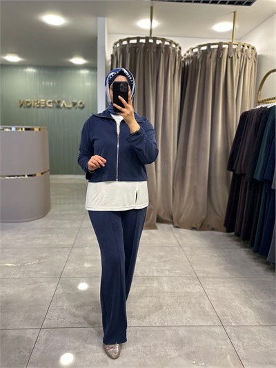 Fermuar Detaylı Basic 3lü Pantolon Takımı Lacivert 22918