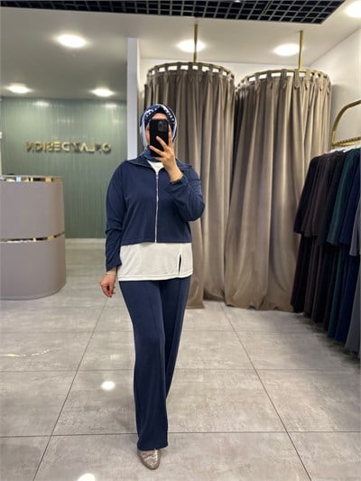 Fermuar Detaylı Basic 3lü Pantolon Takımı Lacivert 22918