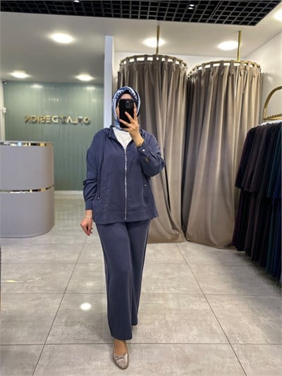 Fermuar Detaylı Kapüşonlu Pantolonlu Takım Lacivert 6606