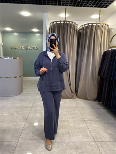 Fermuar Detaylı Kapüşonlu Pantolonlu Takım Lacivert 6606