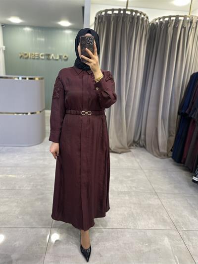 LissMore Boncuk İşlemeli Elbise Bordo 5975