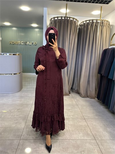 LissMore Boydan Düğmeli Elbise Bordo 6148