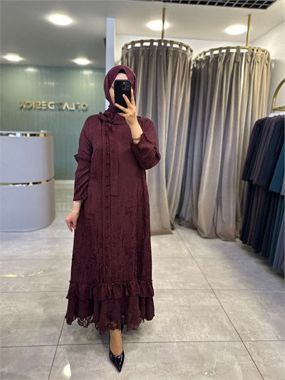 LissMore Boydan Düğmeli Elbise Bordo 6148