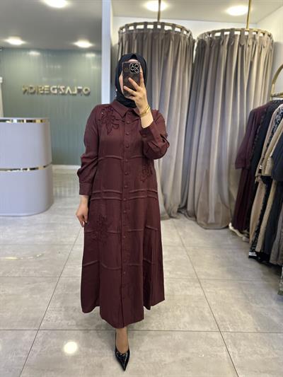 LissMore Çiçeği Boncuk İşlemeli Elbise Bordo 6001 