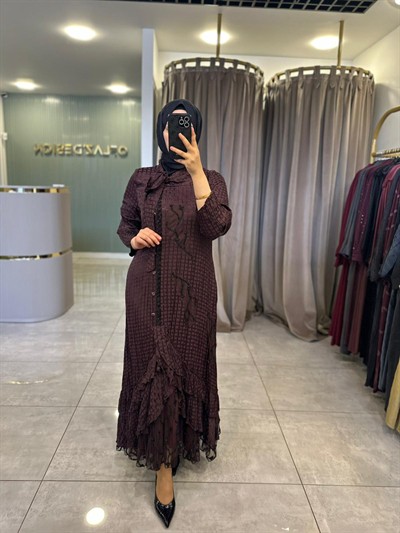 LissMore Eteği Kat Kat Jakar Elbise Bordo 5747