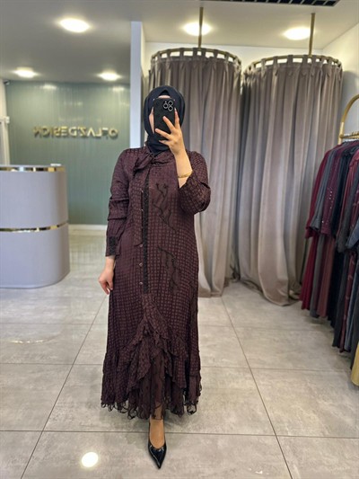LissMore Eteği Kat Kat Jakar Elbise Bordo 5747