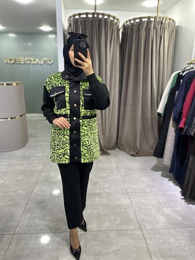 Missemramiss Kürklü Leopar Ceket Yeşil Desenli 4663 