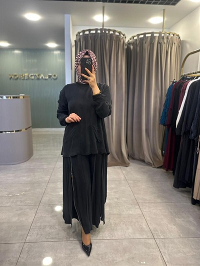 MissWhence Fermuar Detaylı Şalvarlı İpek Takım Siyah 39004 