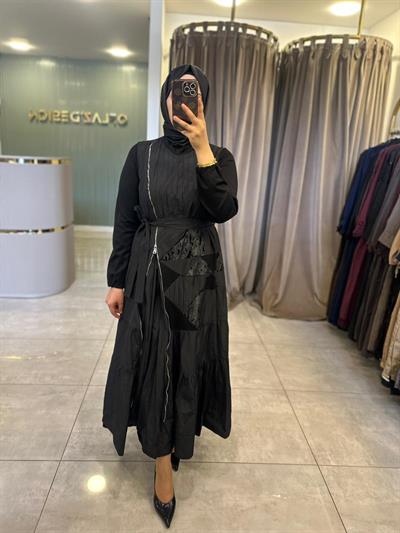 Misswhence Tafta Patchwork Elbise Siyah 38813