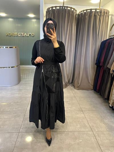 Misswhence Tafta Patchwork Elbise Siyah 38813