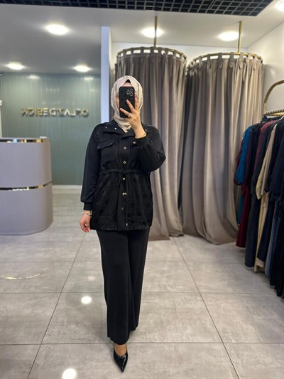 Nuss Beli Büzgülü Pantolonlu Takım Siyah 26Y 1097