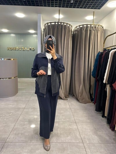 Nuss Boydan Fermuarlı İpek Qupra Takım Lacivert 26Y 1026