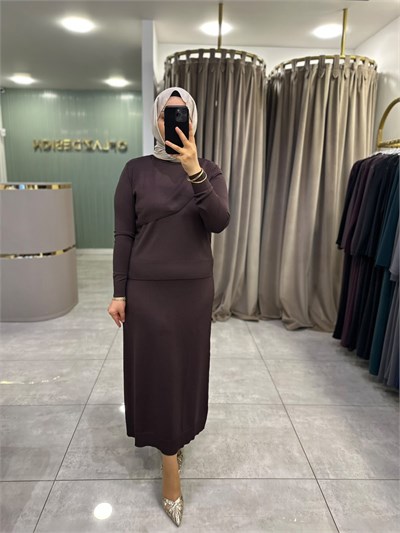 Nuss Çapraz Dikiş Basic Triko Etekli Takım Kahverengi 27K 705