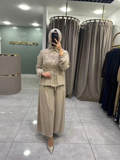 Nuss Cep Zımba Detay Pantolonlu Takım Bej 26Y 1049 
