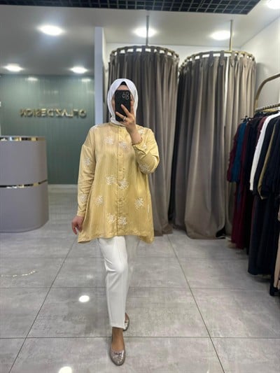 Nuss Çizgili Çiçek Desenli Salaş Tunik Vanilya 26Y 3015
