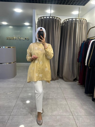 Nuss Çizgili Çiçek Desenli Salaş Tunik Vanilya 26Y 3015
