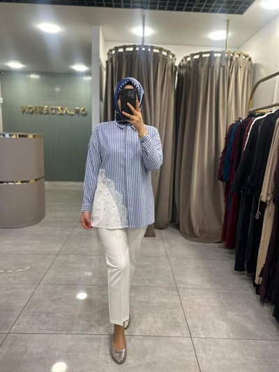 Nuss Dantel Detay Düğmeli Tunik Mavi 26Y 3007 
