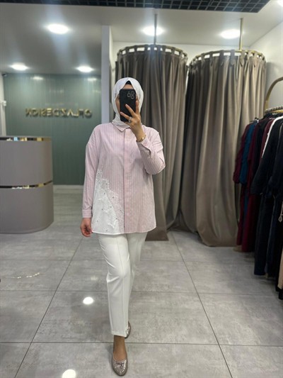 Nuss Dantel Detay Düğmeli Tunik Pembe 26Y 3007 