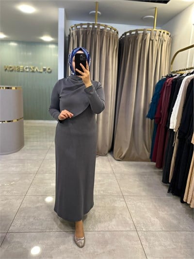 Nuss Drapeli Yaka Detaylı Uzun Elbise Antrasit 27K 2044