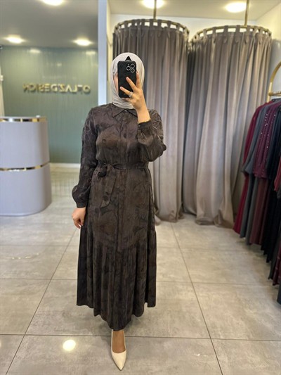 Nuss İpek Qupra Ebruli Desen Elbise Kahve 26Y 2038 