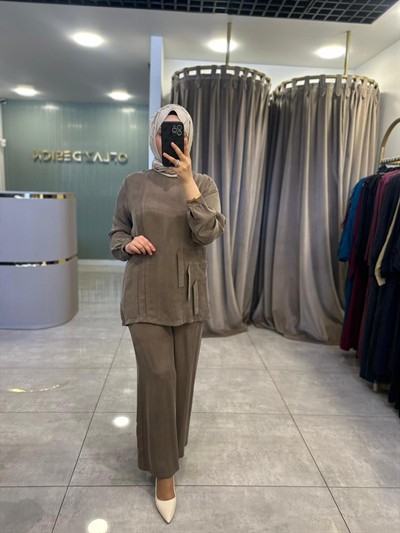 Nuss İpek Qupra Pantolonlu Takım Vizon 26Y 1039