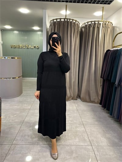 Nuss Kendinden Çizgili Triko Elbise Siyah 27K 800