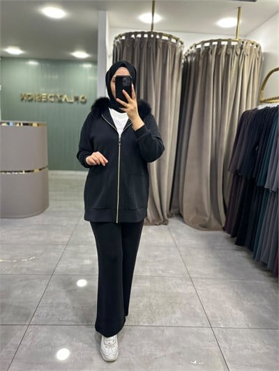 Nuss Kürk Detaylı Modal Pantolonlu Takım Siyah 27K 1078