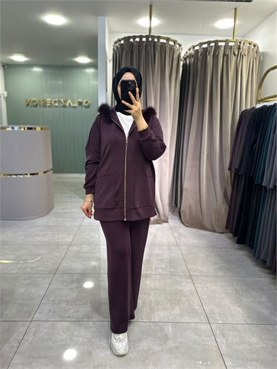 Nuss Kürk Detaylı Modal Pantolonlu Takım Mürdüm 27K 1078