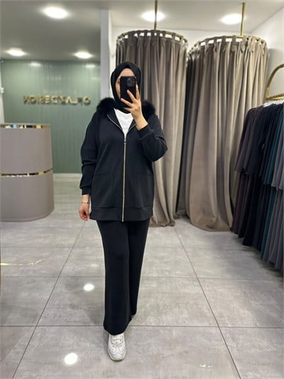 Nuss Kürk Detaylı Modal Pantolonlu Takım Siyah 27K 1078