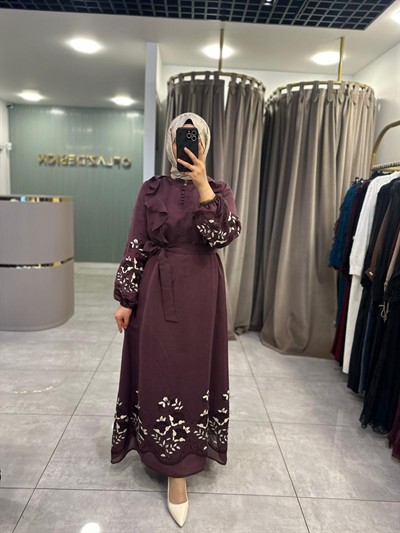 Nuss Nakış Detay Volanlı Elbise Bordo 26Y 2053 