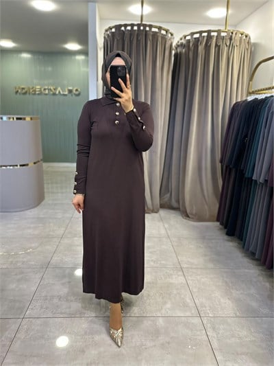 Nuss Polo Yaka Kol ve Yaka Düğmeli Triko Elbise Kahverengi 27K 801 