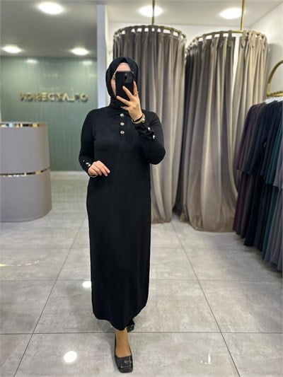 Nuss Polo Yaka Kol ve Yaka Düğmeli Triko Elbise Siyah 27K 801 