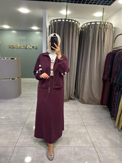 Nuss Şerit Detaylı Oysho Etekli Takım Mürdüm 26Y 1096