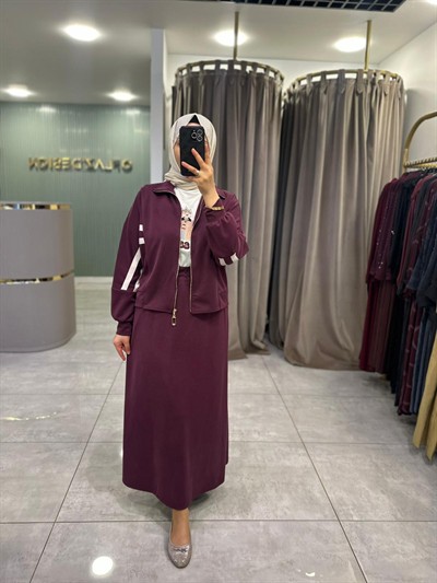 Nuss Şerit Detaylı Oysho Etekli Takım Mürdüm 26Y 1096