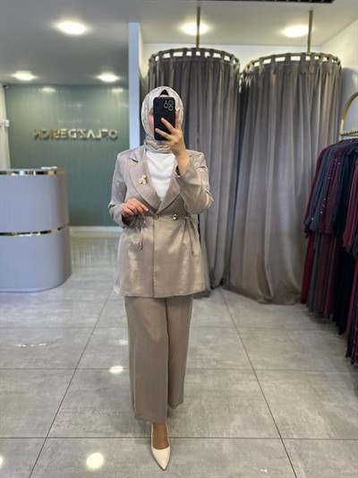 Otto İpek Qupra Blazer Pantolonlu Takım Bej 7499