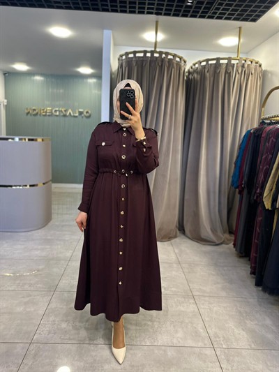 Otto Önü Düğmeli Elbise Bordo 5421