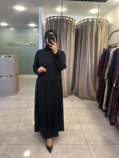Redshow Kat Kat Şifon Detaylı Asimetrik Uzun Elbise Siyah 27635