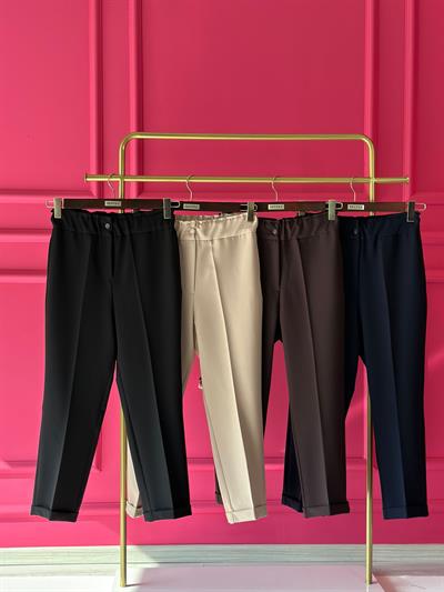 Sentez Beli Lastikli İnce Duble Paça Pantolon Camel 5514 
