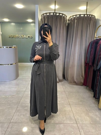 Wennora Boydan Fermuarlı İpek Qupra Elbise Siyah 1030