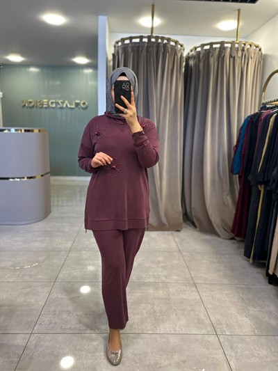 Wennora Çiçek İşlemeli Takım Bordo 1020