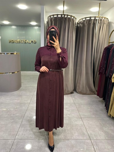 Wennora Taşlı Elbise Bordo 1004