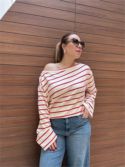 Düşük omuz basic bluz(kırmızı-beyaz) 