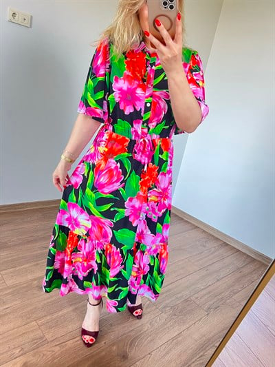 Floral Desen Yarım Düğmeli Gömlek Elbise 