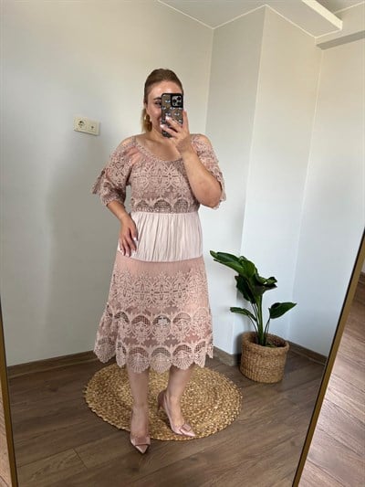 İtalyan Güpür Detaylı Elbise(Toz pembe) 