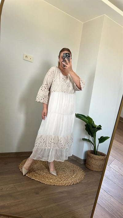 İtalyan İpek ve Fisto Detaylı Elbise (ekru)