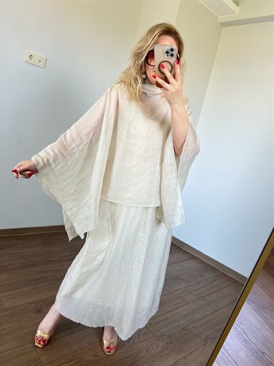 Üzeri Bluzlu İpli Elbise (Krem)