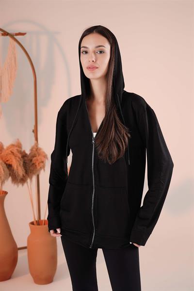 Fermuarlı Cepli Kapşonlu Modal Sweatshirt